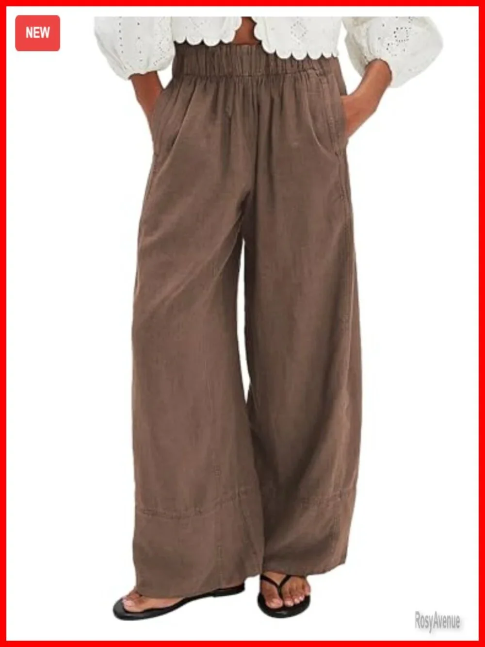 Wide Leg Linen Blend Pants Elastic Waist Palazzo Pockets Summer Boho Beach